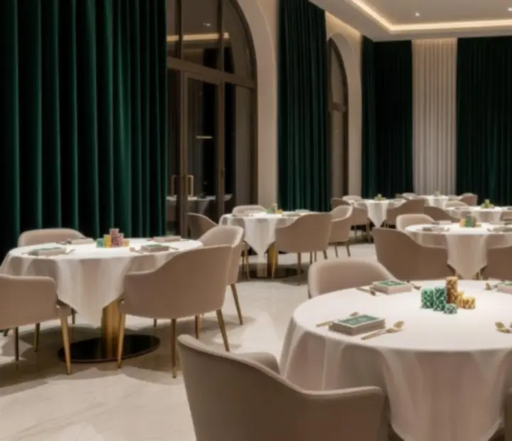 Večerní interiér restaurace Tajný Salon s jemným nasvícením a elegantním nádechem tajného kasina