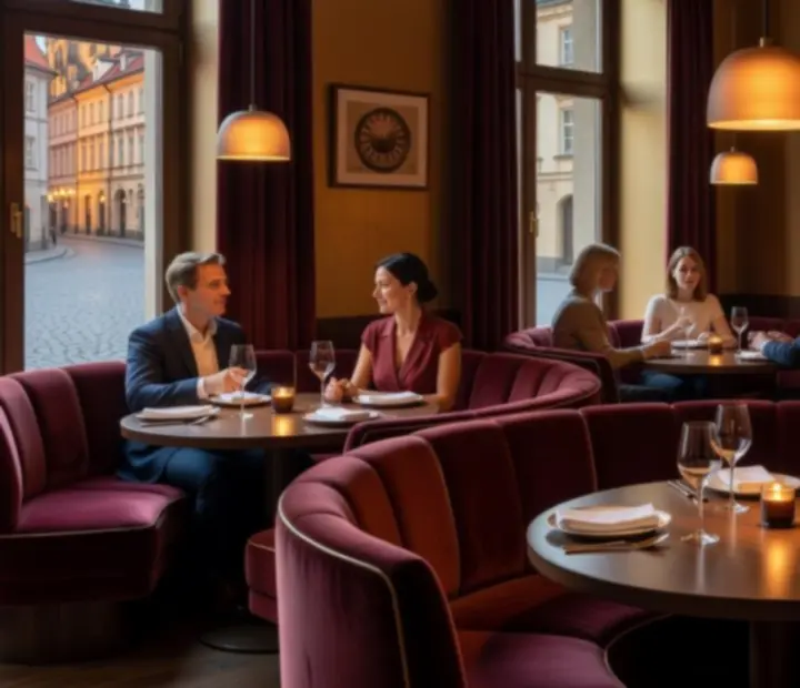 Interiér restaurace Tajný Salon s prostřenými stoly