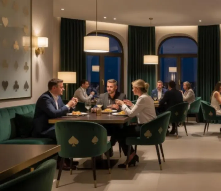 Interiér restaurace Tajný Salon s večerním osvětlením a elegantními detaily.